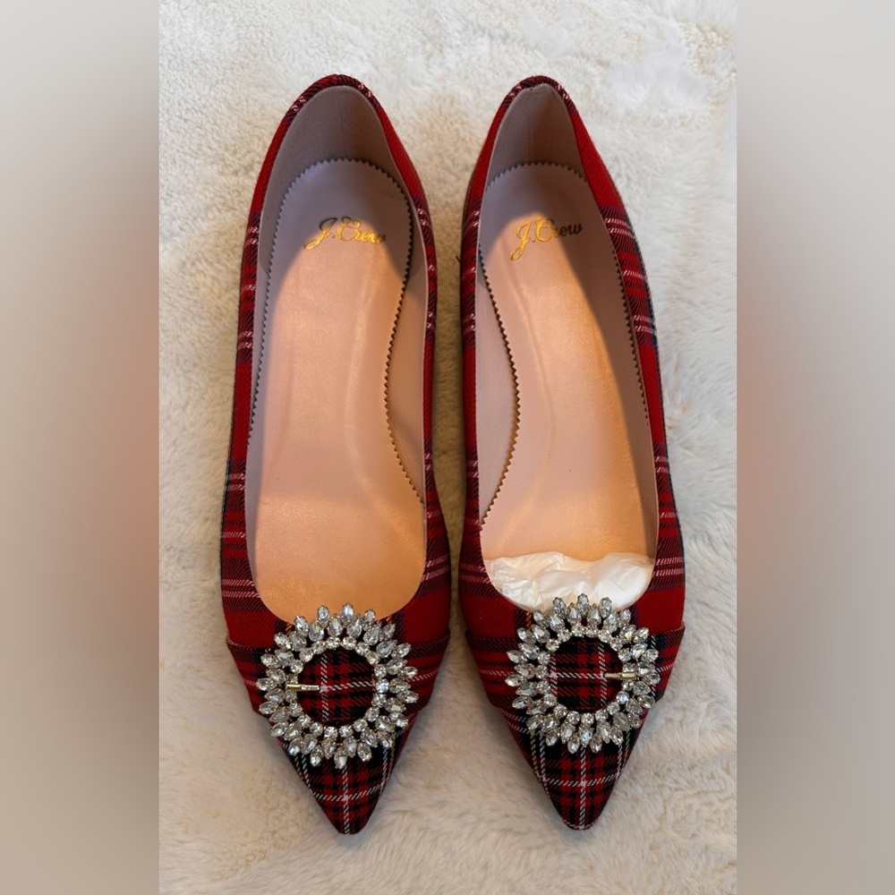 J. CREW POINTED-TOE FLAT IN RED STEWART TARTAN WITH CRYSTAL BUCKLE